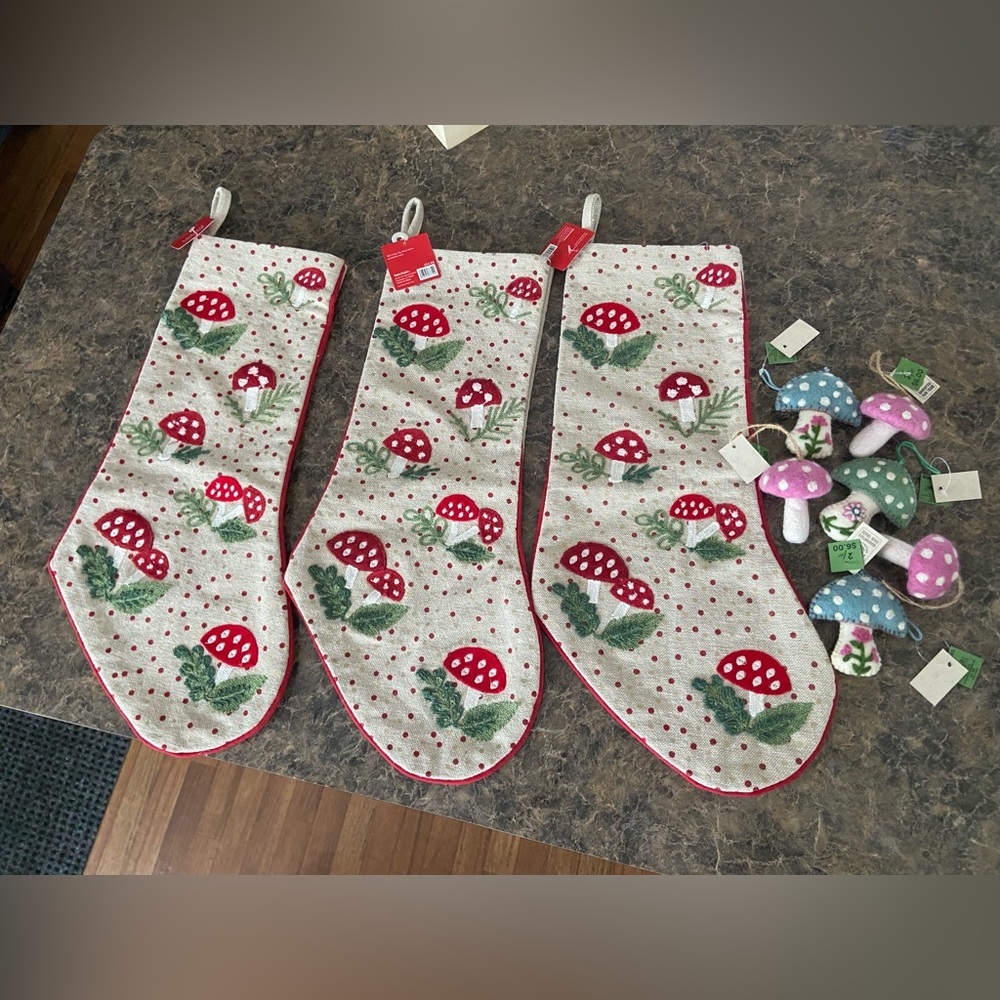 Cost Plus World Market Red and Green Mushroom Stockings Set